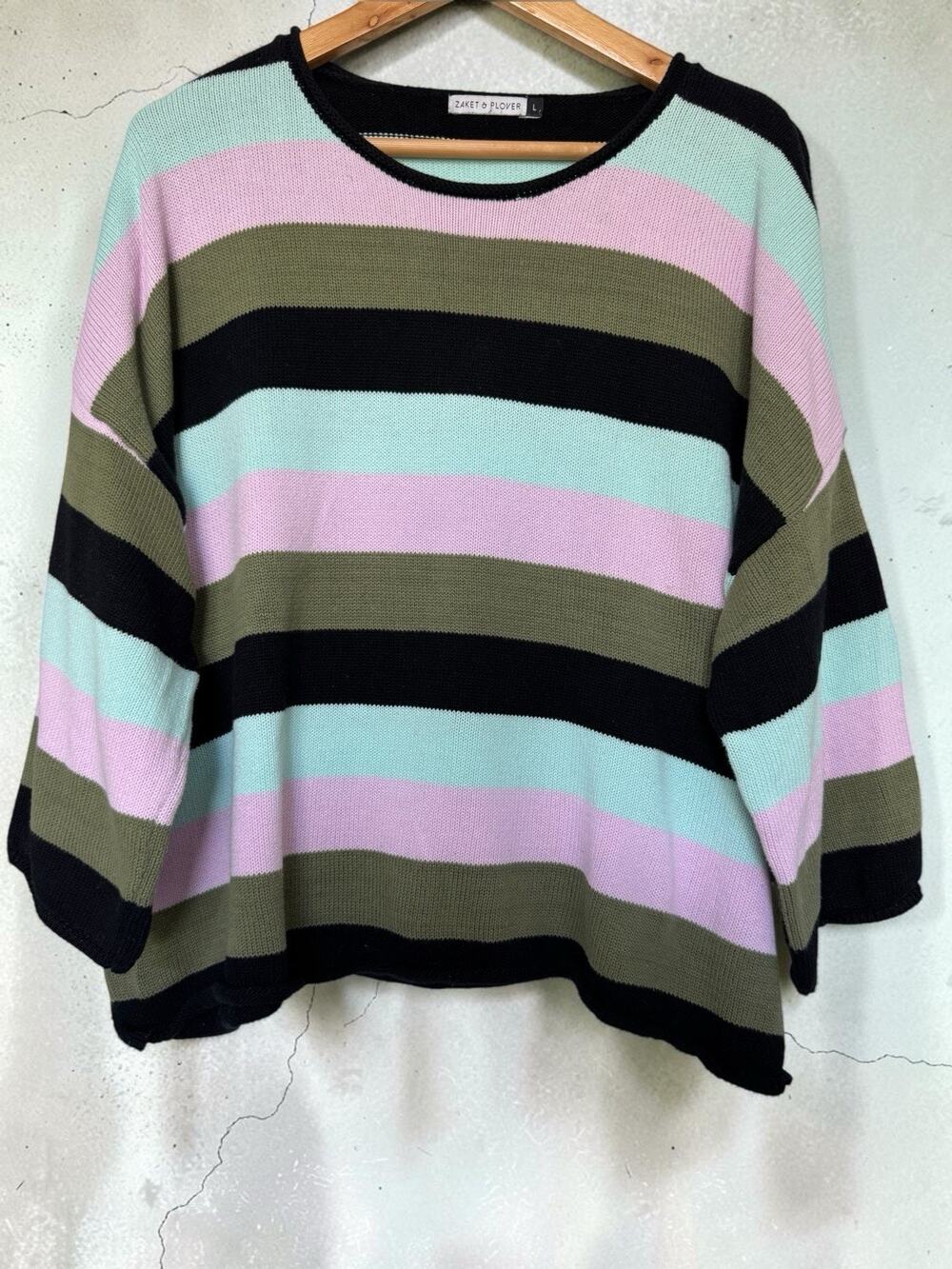 Zaket & Plover Women's Striped Knit Sweater 100% Cotton Oversized Size L Cozy